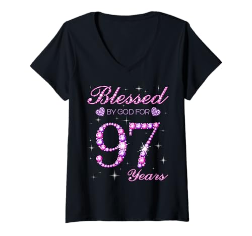 Damen Von Gott für 97 Jahre gesegnet, 97. Geburtstagsfeier T-Shirt mit V-Ausschnitt Damen Von Gott für 97 Jahre gesegnet, 97. Geburtstagsfeier T-Shirt mit V-Ausschnitt von Blessed By God Queen's Birthday Purple & Pink