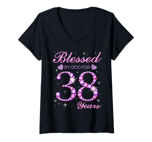Damen Von Gott gesegnet für 38 Jahre, 38. Geburtstagsfeier T-Shirt mit V-Ausschnitt Damen Von Gott gesegnet für 38 Jahre, 38. Geburtstagsfeier T-Shirt mit V-Ausschnitt von Blessed By God Queen's Birthday Purple & Pink