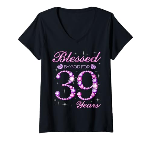 Damen Von Gott gesegnet für 39 Jahre, 39. Geburtstagsfeier T-Shirt mit V-Ausschnitt Damen Von Gott gesegnet für 39 Jahre, 39. Geburtstagsfeier T-Shirt mit V-Ausschnitt von Blessed By God Queen's Birthday Purple & Pink