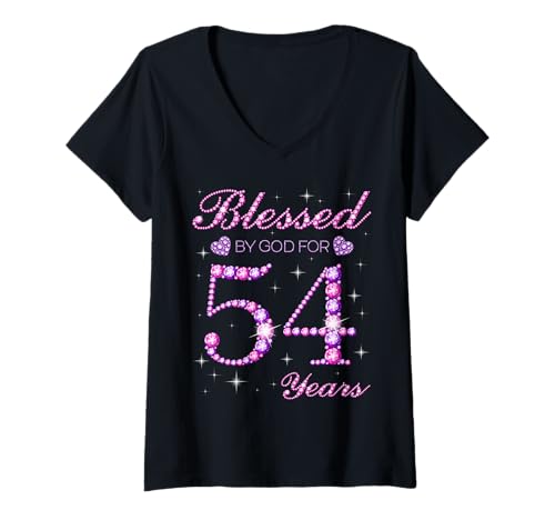 Damen Von Gott gesegnet für 54 Jahre, 54. Geburtstagsfeier T-Shirt mit V-Ausschnitt Damen Von Gott gesegnet für 54 Jahre, 54. Geburtstagsfeier T-Shirt mit V-Ausschnitt von Blessed By God Queen's Birthday Purple & Pink