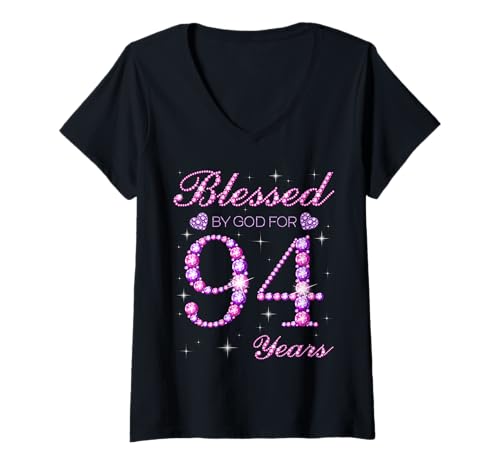Damen Von Gott gesegnet für 94 Jahre, 94. Geburtstagsfeier T-Shirt mit V-Ausschnitt Damen Von Gott gesegnet für 94 Jahre, 94. Geburtstagsfeier T-Shirt mit V-Ausschnitt von Blessed By God Queen's Birthday Purple & Pink