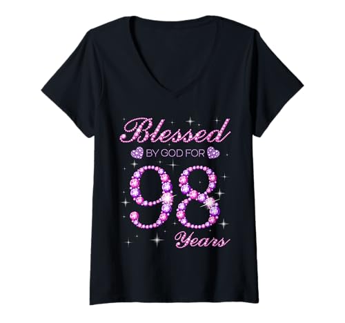 Damen Von Gott gesegnet für 98 Jahre, 98. Geburtstagsfeier T-Shirt mit V-Ausschnitt Damen Von Gott gesegnet für 98 Jahre, 98. Geburtstagsfeier T-Shirt mit V-Ausschnitt von Blessed By God Queen's Birthday Purple & Pink