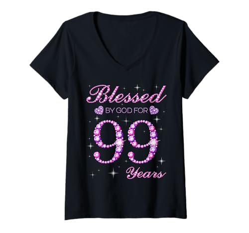 Damen Von Gott gesegnet für 99 Jahre, 99. Geburtstagsfeier T-Shirt mit V-Ausschnitt Damen Von Gott gesegnet für 99 Jahre, 99. Geburtstagsfeier T-Shirt mit V-Ausschnitt von Blessed By God Queen's Birthday Purple & Pink
