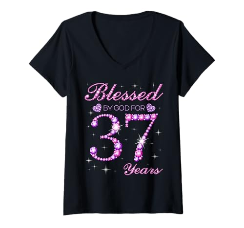 Damen Von Gott gesegnet für die 37. Geburtstagsfeier zum 37. Geburtstag T-Shirt mit V-Ausschnitt Damen Von Gott gesegnet für die 37. Geburtstagsfeier zum 37. Geburtstag T-Shirt mit V-Ausschnitt von Blessed By God Queen's Birthday Purple & Pink