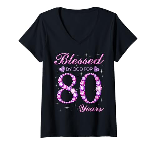 Damen Von Gott gesegnet für die 80. Geburtstagsfeier zum 80. Geburtstag T-Shirt mit V-Ausschnitt Damen Von Gott gesegnet für die 80. Geburtstagsfeier zum 80. Geburtstag T-Shirt mit V-Ausschnitt von Blessed By God Queen's Birthday Purple & Pink