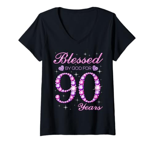 Damen Von Gott gesegnet für die 90-jährige 90. Geburtstagsfeier T-Shirt mit V-Ausschnitt Damen Von Gott gesegnet für die 90-jährige 90. Geburtstagsfeier T-Shirt mit V-Ausschnitt von Blessed By God Queen's Birthday Purple & Pink