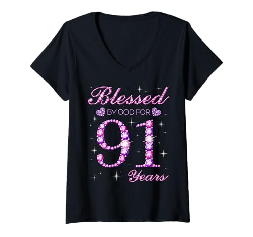 Damen Von Gott gesegnet für die 91-jährige Geburtstagsfeier T-Shirt mit V-Ausschnitt Damen Von Gott gesegnet für die 91-jährige Geburtstagsfeier T-Shirt mit V-Ausschnitt von Blessed By God Queen's Birthday Purple & Pink