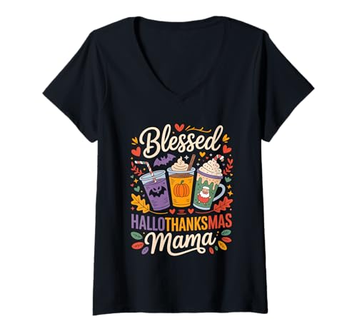 Damen Funny Blessed Hallothank Mas Mama Fall Coffee Lovers T-Shirt mit V-Ausschnitt Damen Funny Blessed Hallothank Mas Mama Fall Coffee Lovers T-Shirt mit V-Ausschnitt von Blessed HalloThanksmas Fall Coffee Mama