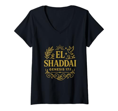 Damen El Shaddai Genesis 17:1 Mehrschichtiger Text Christian T-Shirt mit V-Ausschnitt Damen El Shaddai Genesis 17:1 Mehrschichtiger Text Christian T-Shirt mit V-Ausschnitt von Blessed Hues Faith Collection