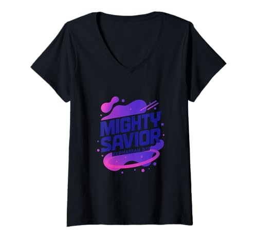 Damen Mighty Savior Zephania 3:17 Futuristic Christian T-Shirt mit V-Ausschnitt Damen Mighty Savior Zephania 3:17 Futuristic Christian T-Shirt mit V-Ausschnitt von Blessed Hues Faith Collection