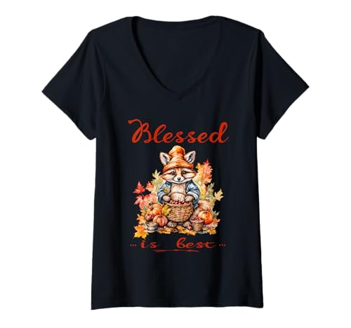 Damen Blessed is Best Christian Herbst- und Herbst-Waschbär im Vintage-Stil T-Shirt mit V-Ausschnitt von Blessed Is Best Cute Vintage Racoon Sapphire Star