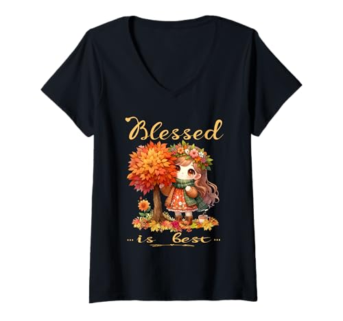 Damen Blessed is Best Herbst- und Herbsternte, süßes Vintage-Mädchen T-Shirt mit V-Ausschnitt von Blessed Is Best Fall Vintage Girl Sapphire Star
