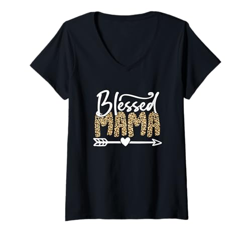 Damen Elegante Schriftgrafik mit Leopardenmuster von Blessed Mama T-Shirt mit V-Ausschnitt von Blessed Mama Chic Leopard Design