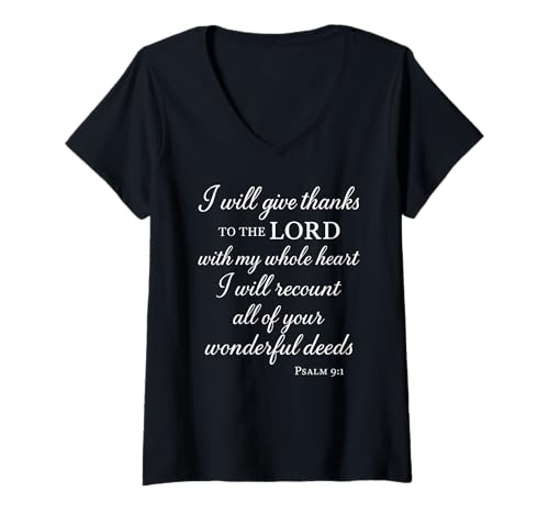 Damen Ich werde dem Herrn danken Psalm 9:1 Christlicher Bibelgott T-Shirt mit V-Ausschnitt Damen Ich werde dem Herrn danken Psalm 9:1 Christlicher Bibelgott T-Shirt mit V-Ausschnitt von Blessed Psalm Apparel