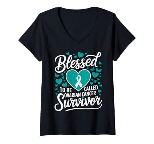 Damen Gesegnet, Ovarian Cancer Survivor Teal Ribbon genannt zu Werden T-Shirt mit V-Ausschnitt von Blessed to Be Called Ovarian Cancer Survivor Heart