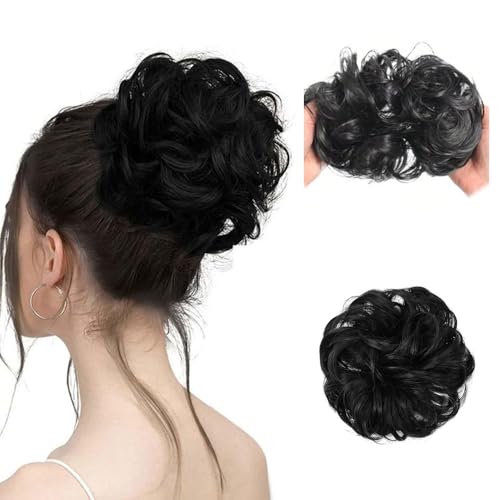 Blessmrich Haarteil Mit Gummiband für Damen Mädchen Groß Dutt Haarteil Haargummi Mit Haaren Gelockt Haardutt Synthetisch Haarverlängerung Pferdeschwanz Haarteile (1B#) von Blessmrich