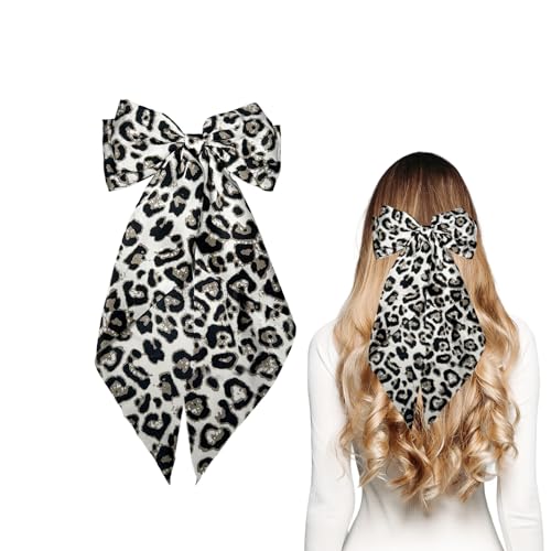 Bliceon Leopard Haarschleife Clip mit langem Schwanz Leopardenmuster Schleife Haarspange Mode Haarschmuck für Frauen Mädchen Cosplay und Alltag Styling Weiß von Bliceon