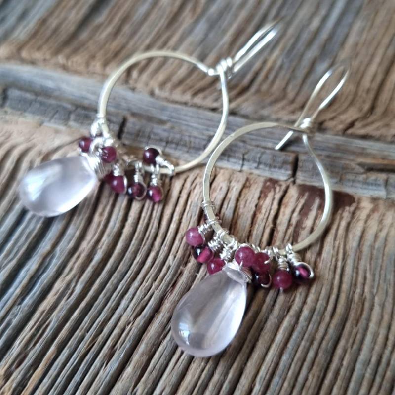 Rosenquarz Granat Ohrhänger # Edelsteinohrringe - Creolen, Silber Rosenquarz Granat Ohrhänger # Edelsteinohrringe - Creolen, Silber von Blickfang2