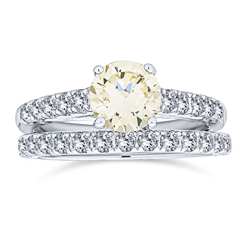 1 ct Brillant Kanariengelb Zirkonia Runde Prinzessin Schnitt Solitär Kathedrale Fassung Dünne Ewigkeit Pflaster Band AAA CZ Jubiläum Verlobung Ehering Set .925 Sterling Silber von Bling Jewelry