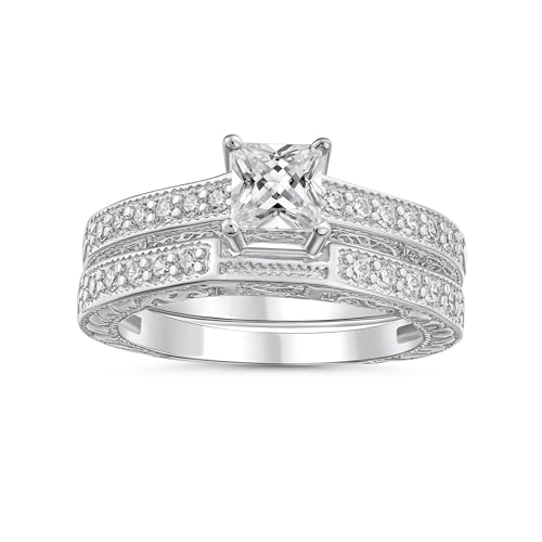 1.25CT Vintage Style Milgrain simulierter blauer Saphir alternierend drei Steine Prinzessin Solitär AAA CZ Jubiläum Verlobung oder Ehering Set für Frauen .925 Sterling Silber von Bling Jewelry