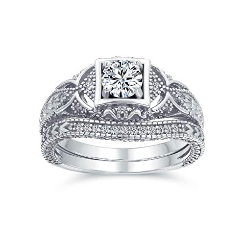 1Ct Art Deco Stil Solitär Rund Filigran Aaa Cz Pave Konturierte Band Verlobung Ehering Set .925 Sterling Silber von Bling Jewelry