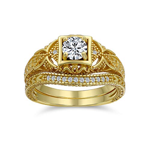 1Ct Deco Stil Solitär Rund Aaa Cz Pave Konturierte Band Verlobungsring Set 14K Gold Vergoldet Sterling Silber von Bling Jewelry