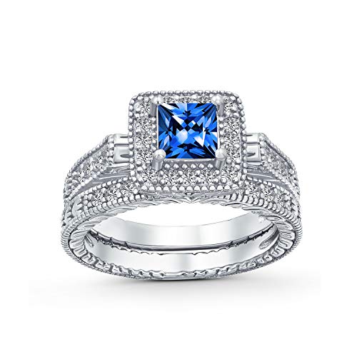 1Ct Quadrat Simuliert Blauer Saphir Solitär Kubischer Zirkon Brillant Princess Cut Halo Aaa Cz Pave Milgrain Eternity Band Jahrestag Engagement Hochzeit Ring Set Für Frauen .925 Sterling Silber von Bling Jewelry