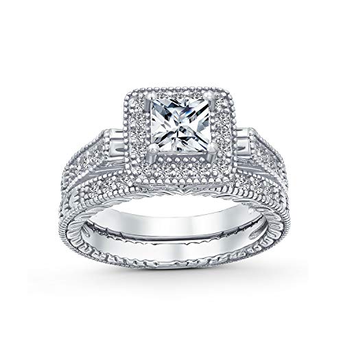1Ct Quadratische Solitär Cubic Zirconia Brilliant Princess Cut Halo Aaa Cz Pave Milgrain Eternity Band Jahrestag Verlobung Ehering Set Für Frauen .925 Sterling Silber von Bling Jewelry