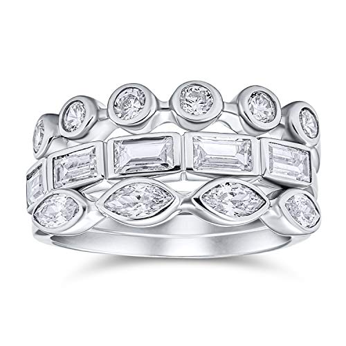 3 Set Geometrische Cubic Zirconia Baguette Marquise Runde Cz Stackable Hochzeit Band Ring Set Für Frauen .925 Sterling Silber von Bling Jewelry