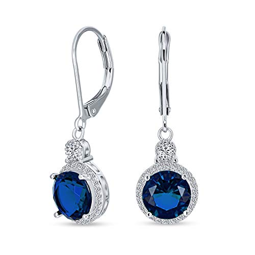 3.5Ct Blau Runde Solitär Halo Cz Hebel Zurück Baumeln Ohrringe Simuliert Saphir Zirkonia Rhodium Plattiert Messing von Bling Jewelry