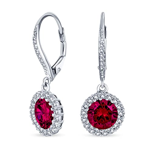 3.5Ct Rote Runde Solitär Halo Cz Hebel Zurück Baumeln Ohrringe Für Frauen Simuliert Rubin Cubic Zirconia .925 Sterling Silber von Bling Jewelry