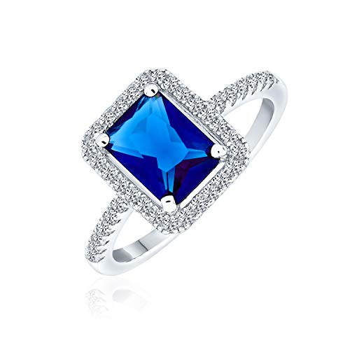 3CT AAA CZ Pave Band Rechteck Solitär Halo Blau Simulierter Saphir Smaragdschliff Verlobungsring für Frauen .925 Sterling Silber von Bling Jewelry