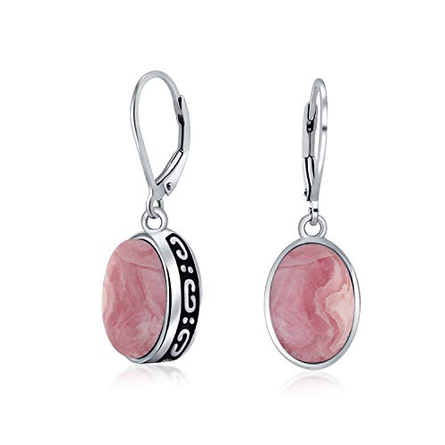 3Kt Natürliche Rosa Rhodochrosit Kuppel Oval Western Stil Lünette Set Hebel Zurück Baumeln Ohrringe Für Frauen .925 Sterling Silber von Bling Jewelry