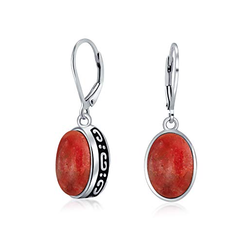 3Ct Natürliche Rote Koralle Kuppel Oval Western Stil Lünette Set Hebel Zurück Baumeln Ohrringe Für Frauen .925 Sterling Silber von Bling Jewelry