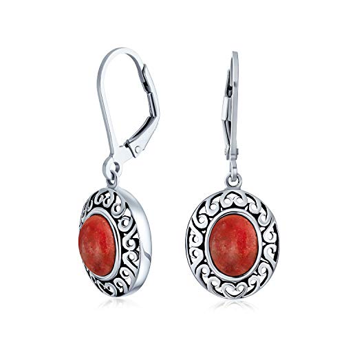 3Ct Natürliche Rote Koralle Kuppel Oval Western Stil Lünette Set Hebel Zurück Baumeln Ohrringe Für Frauen .925 Sterling Silber von Bling Jewelry