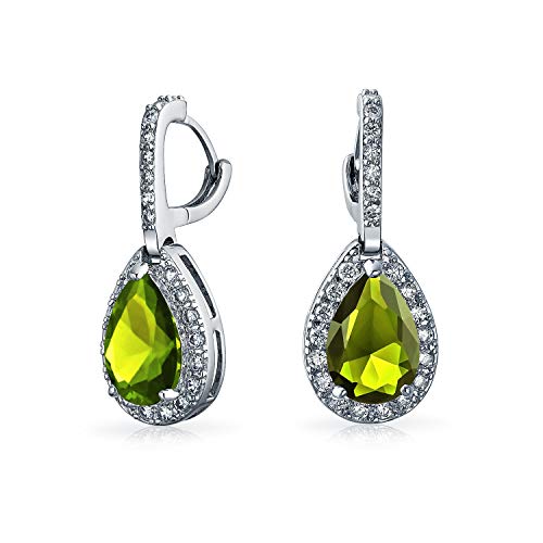 7Ct Vintage Stil Halo Simulierter Olivgrüner Peridot Kubischer Zirkon AAA CZ Mode Feierlich Huggie Snap Hinge Baumelnd Tropfenohrringe Für Frauen Abschlussball Brautjungfer Hochzeit Silber Vergoldet von Bling Jewelry