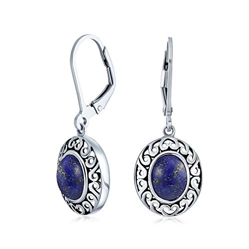 Western Stil Blauer Lapislazuli Edelstein Oval Lünette Set Hebel Zurück Baumeln Ohrringe Für Frauen Oxidiert .925 Sterling Silber von Bling Jewelry