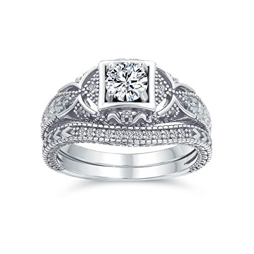 AAA CZ Viktorianischer Vintage Art Deco Stil Erbstück Milgrain 1CTW Prinzessin Brillant Solitär Verlobungsring Hochzeitsset Konturierter Band Für Frauen .925 Sterling Silber von Bling Jewelry