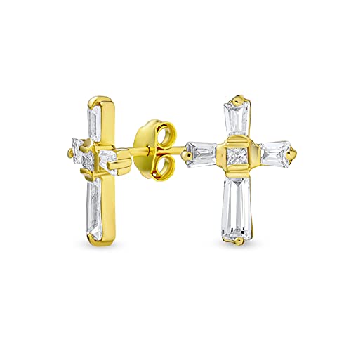 Akzent Cz Baguette Kleine Petite Religiöse Kreuz Ohrstecker Für Frauen Männer Teens Gelb 14K Gold Plattiert .925 Sterling Silber von Bling Jewelry