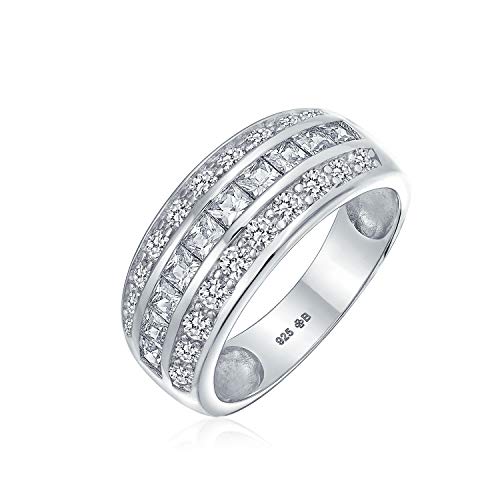 Art Deco AAA Zirkonia Halb-Ewigkeit Kanal-Set Prinzessschliff CZ Kuppel 3-reihiger Breiter Statement Ehering für Frauen .925 Sterlingsilber Komfort-Passform 8MM von Bling Jewelry