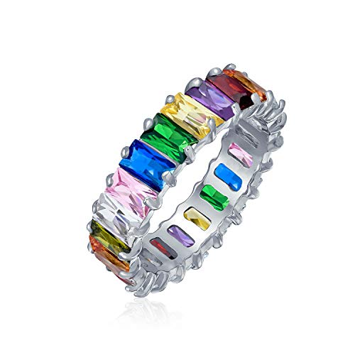 Art Deco Stil Aaa Cz Smaragd Schliff Lgbtq Bunte Regenbogen Mehrfarbig Kubischer Zirkonia Eternity Baguette Jahrestag Hochzeit Band Ring Für Frauen Rosengold .925 Sterling Silber 4Mm von Bling Jewelry