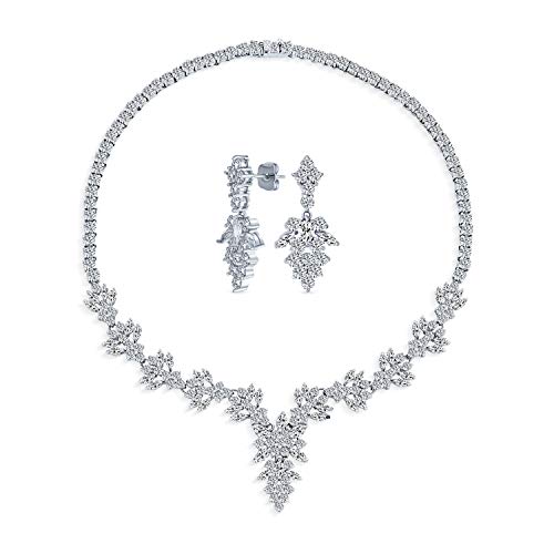 Bling Jewelry Brautschmuck Set Art Deco Stil Vintage Stil Marquise Blatt Starburst Zirkonia AAA CZ Choker Kragen V Statement Halskette & Kronleuchter Ohrhänger für Frauen Hochzeitsfestzug von Bling Jewelry