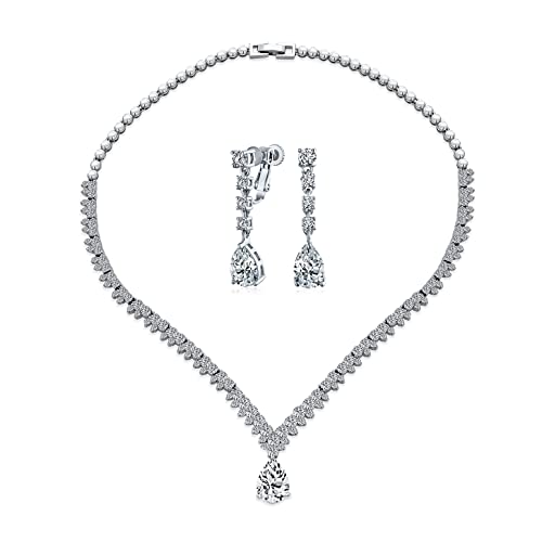 Art Deco Vintage Stil Blatt Teardrop Zirkonia AAA CZ Choker Kragen V Statement Halskette & Kronleuchter baumeln Clip auf Ohrringe Brautschmuck Set für Frauen Hochzeit Prom Festzug versilbert von Bling Jewelry