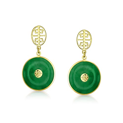 Asiatischen Stil Kreis Runde Donut Glück Fu Zeichen Chinesisches Symbol Gefärbt Grün Jade Disc Baumeln Tropfen Ohrringe Für Frauen 14K Gold Vergoldet.925 Sterling Silber von Bling Jewelry