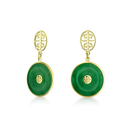 Asiatischer Stil Kreis Runde Donut Glücksbringer Fu Zeichen Chinesisches Symbol Gefärbte Grüne Jade Scheibe Hängende Ohrringe Für Frauen 14K Vergoldet .925 Sterlingsilber von Bling Jewelry