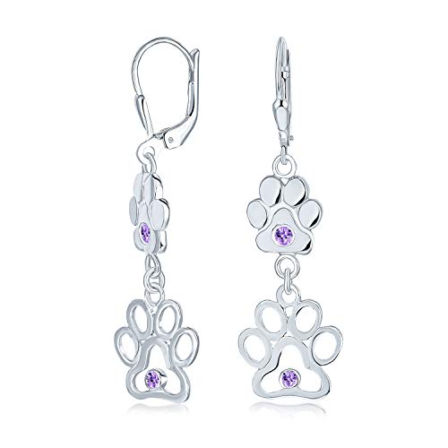 Bff Cut Out Offen Animal Lieber Pet Dog Cat Paw Print Baumelnd Earrings For Freundin Puppy Purple Cz Cubic Zirconia .925 Sterling Silver Lever Back von Bling Jewelry