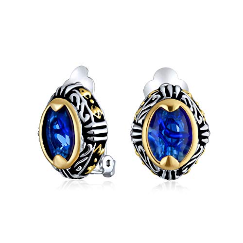 Bali Stil Blaue Kristall Oval Zwei Ton Clip On Ohrringe Für Frauen Simulierter Saphir Nicht Durchstochen Versilbertes Vergoldetes Messing von Bling Jewelry