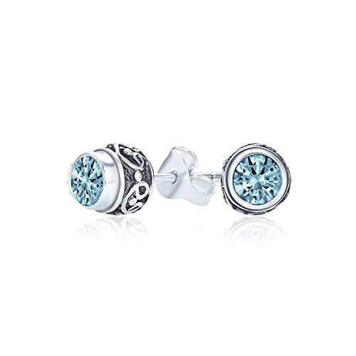 Bali Stil Winzige Round Gemstone Blue Topaz Ohrstecker Für Frauen Oxidiert .925 Sterling Silber Dezember Birthstone von Bling Jewelry