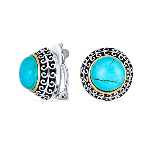 Bali Stil Zweifarbiges Knopf Design Blau Simulierter Blauer Türkis Kuppel Clip On Ohrringe Für Frauen Ohne Durchstochene Ohren Silber Gold Plattiert von Bling Jewelry