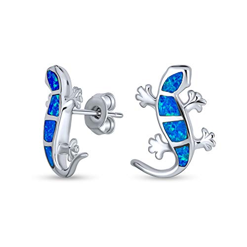 Blau Schillernd Erstellt Opal Inlay Garten Gecko Lounge Eidechse Ohrstecker Für Frauen .925 Sterling Silber Oktober Birthstone von Bling Jewelry